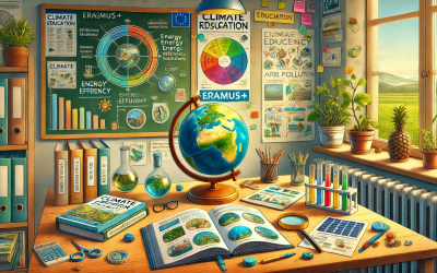 DALL·E 2025-02-06 14.21.27 - A detailed digital illustration of climate education resources for Erasmus+ projects. The image features an open educational toolkit on a wooden desk,