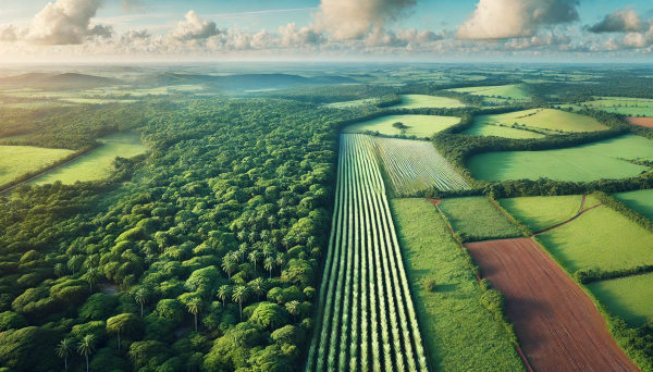 DALL·E 2025-07-08 13.48.29 - Aerial landscape view illustrating land-based carbon dioxide removal strategies, with all factory-like facilities completely removed. The scene featur